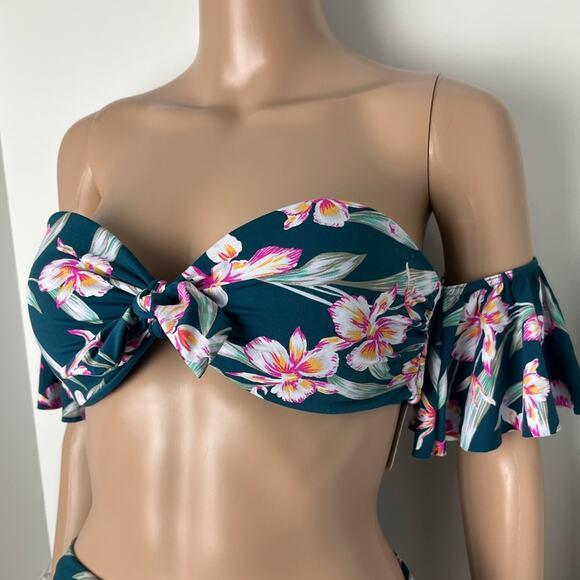 New Boutique Floral Print Emerald Green Off Shoulder Bikini Set - Picture 4 of 13